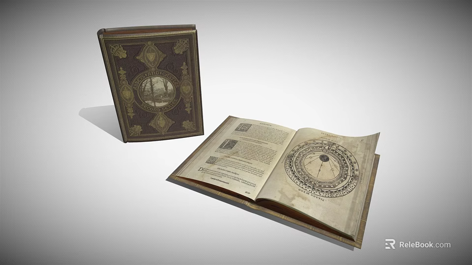 Vintage Books With Decorative Cover And Open Pages Featuring Old Text And Circular Illustration 3d model 