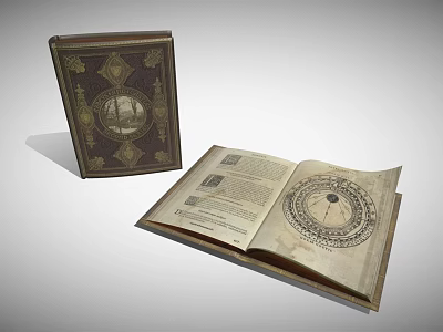 Vintage Books With Decorative Cover And Open Pages Featuring Old Text And Circular Illustration 3d model