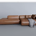 Brown Leather Sectional Sofa With Gray Blanket On Neutral Gray Backdrop 3d model