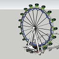 Ferris Wheel Amusement Park Entertainment Ride With Green Cabins Blue Rim And White Supports