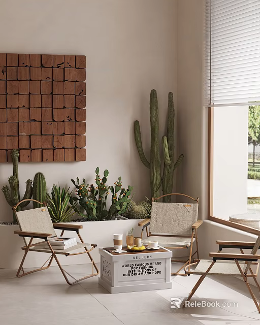Outdoor Chairs With Cacti Succulents Wooden Panel And Side Table Near Window 3d model 