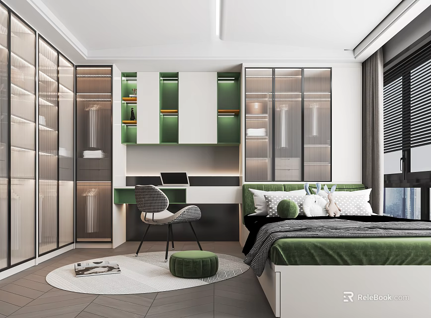 Modern Tatami Bedroom Interior With Green Accents Wardrobe Desk Chair And Round Rug 3d model 