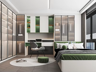 Modern Tatami Bedroom Interior With Green Accents Wardrobe Desk Chair And Round Rug 3d model