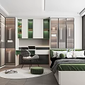 Modern Tatami Bedroom Interior With Green Accents Wardrobe Desk Chair And Round Rug