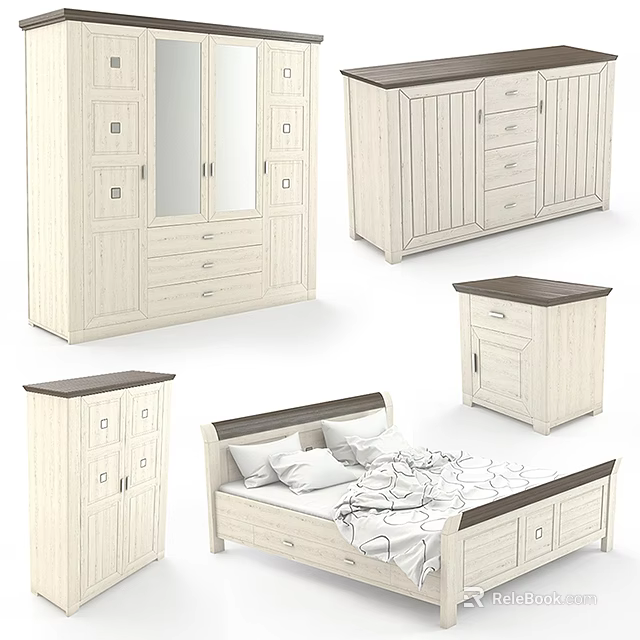 Modern Double Bed Set With Wardrobe Dresser And Nightstand Furniture 3d model 