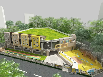 Modern Kindergarten Exterior With Green Roof Outdoor Play Area And Trees 3d model