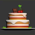 Two Layer Cake with White Cream Red Cherries Chocolate Pieces Green Leaves on White Plate