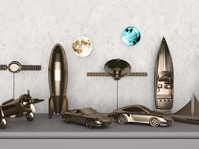 Modern Metallic Decorative Ornament Set with Rocket Cars Satellite Sailboat and Moon Models 3d model