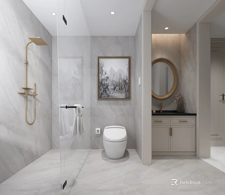 Modern Bathroom Interior Design With Glass Shower Toilet Round Mirror And Decorative Painting 3d model 