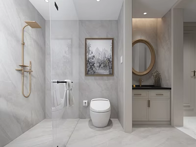 Modern Bathroom Interior Design With Glass Shower Toilet Round Mirror And Decorative Painting 3d model