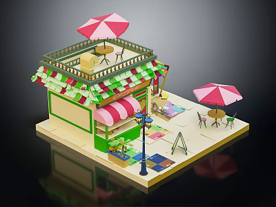 Cartoon Style Shop Scene With Colorful Awning Balcony Pink Umbrellas And Outdoor Tables 3d model