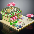Cartoon Style Shop Scene With Colorful Awning Balcony Pink Umbrellas And Outdoor Tables