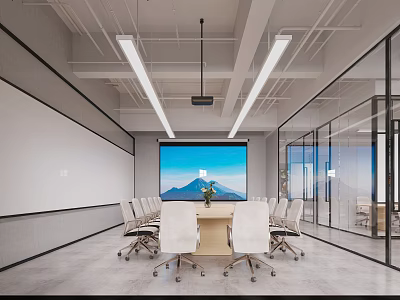 Modern Conference Room Interior With Large Projection Screen White Chairs Wooden Table Glass Partitions And Whiteboard 3d model