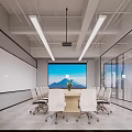 Modern Conference Room Interior With Large Projection Screen White Chairs Wooden Table Glass Partitions And Whiteboard