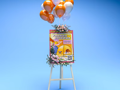 Commercial Display Easel With Grand Opening Poster Balloons And Flower Decorations 3d model