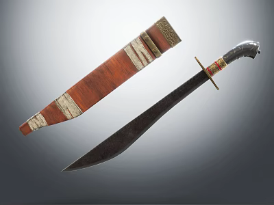 Traditional Sword Weapon with Wooden Sheath Decorative Handle Ornate Stripes and Metal Blade 3d model