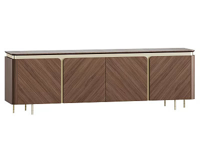 Elegant Modern TV Stand With Walnut Wood Cabinet Doors And Gold Accents 3d model