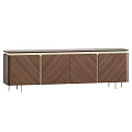 Elegant Modern TV Stand With Walnut Wood Cabinet Doors And Gold Accents