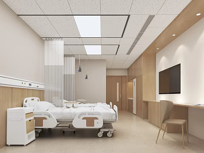 Modern Hospital Ward Interior With Medical Bed Wooden Wall And TV Screen 3d model