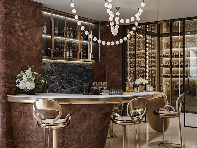 Elegant Bar Area With Golden Stools Marble Counter Chandeliers And Wine Racks 3d model