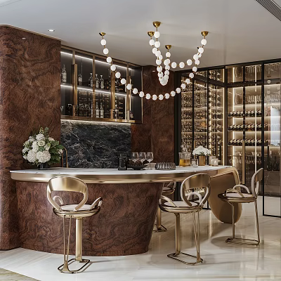 Elegant Bar Area With Golden Stools Marble Counter Chandeliers And Wine Racks 3d model