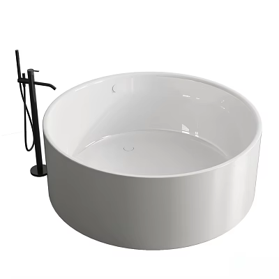 White Round Freestanding Bathtub With Black Floor Mounted Faucet In Modern Bathroom 3d model