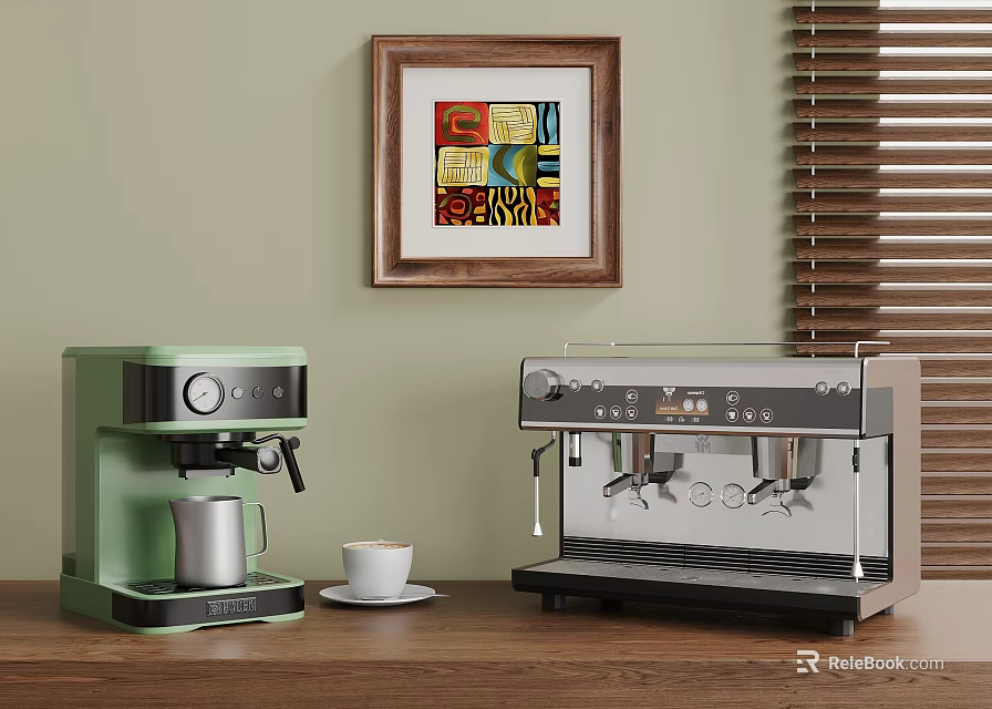 Stylish Green and Silver Coffee Appliances on Wooden Kitchen Counter with Cup and Frother 3d model 
