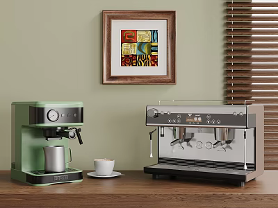 Stylish Green and Silver Coffee Appliances on Wooden Kitchen Counter with Cup and Frother 3d model