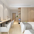 Bright Hotel Guest Room With Twin Beds Wooden Shelves Wall Painting And City View
