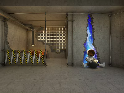 Industrial Style Restaurant Interior With Concrete Walls Blue Light And Astronaut Figure 3d model