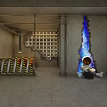 Industrial Style Restaurant Interior With Concrete Walls Blue Light And Astronaut Figure