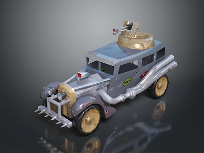 Vintage Modified Car With Turret Like Device Front Spikes And Golden Wheels 3d model