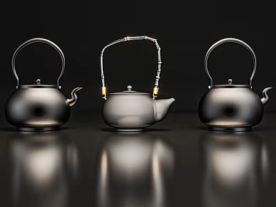 Modern Metallic Tea Set with Three Sleek Teapots on Reflective Surface 3d model