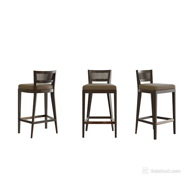 Three Bar Stools With Dark Wooden Frame Brown Padded Seats And Woven Backrest Design 3d model 