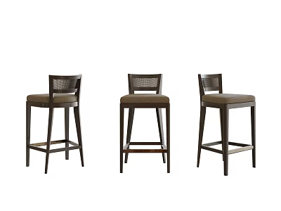 Three Bar Stools With Dark Wooden Frame Brown Padded Seats And Woven Backrest Design 3d model