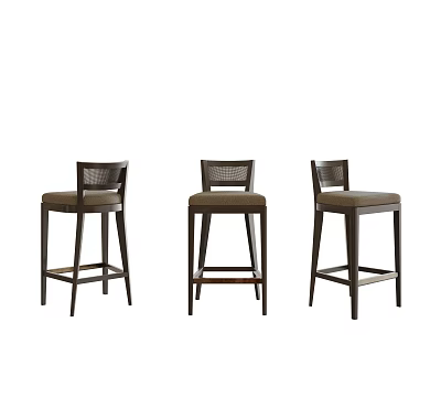 Three Bar Stools With Dark Wooden Frame Brown Padded Seats And Woven Backrest Design 3d model