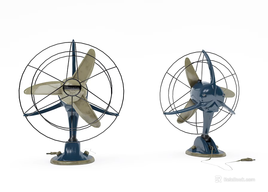 Two Vintage Electric Air Conditioner Fans With Metal Frame And Retro Design 3d model 