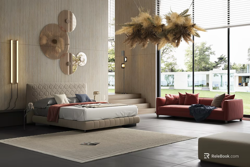 Modern Soft Upholstered Double Bed For Spacious Luxury Bedroom With Panoramic Beautiful Outdoor View 3d model 