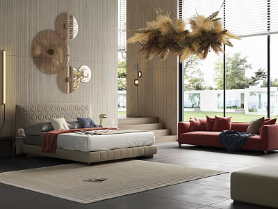 Modern Soft Upholstered Double Bed For Spacious Luxury Bedroom With Panoramic Beautiful Outdoor View 3d model