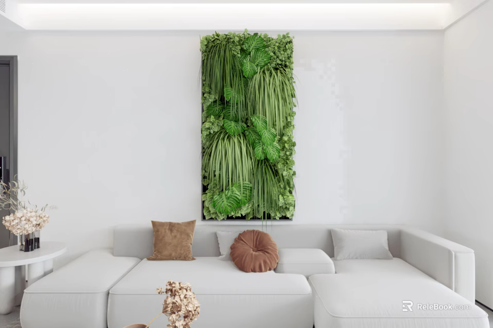Living Plant Wall In Modern Living Room Interior With White Wall And Sofa Decor 3d model 