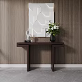 Modern Wooden Console Table With 3D Geometric Panel White Flower Vase And Statue