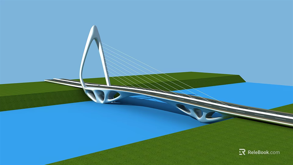 Modern Cable Stayed Bridge With White Pylon Spanning Blue Water And Green Grassy Banks 3d model 