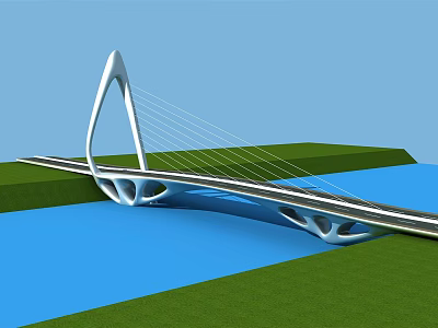 Modern Cable Stayed Bridge With White Pylon Spanning Blue Water And Green Grassy Banks 3d model