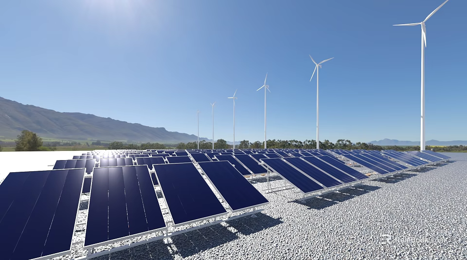 Renewable Energy Appliances Featuring Solar Panels Wind Turbines Blue Sky And Mountains 3d model 