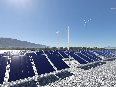 Renewable Energy Appliances Featuring Solar Panels Wind Turbines Blue Sky And Mountains 3d model