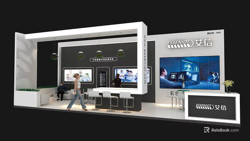 Modern Exhibition Booth Design With Display Screens Reception Area And Green Plant Decorations 3d model 