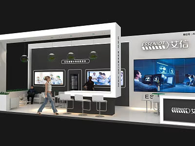 Modern Exhibition Booth Design With Display Screens Reception Area And Green Plant Decorations 3d model