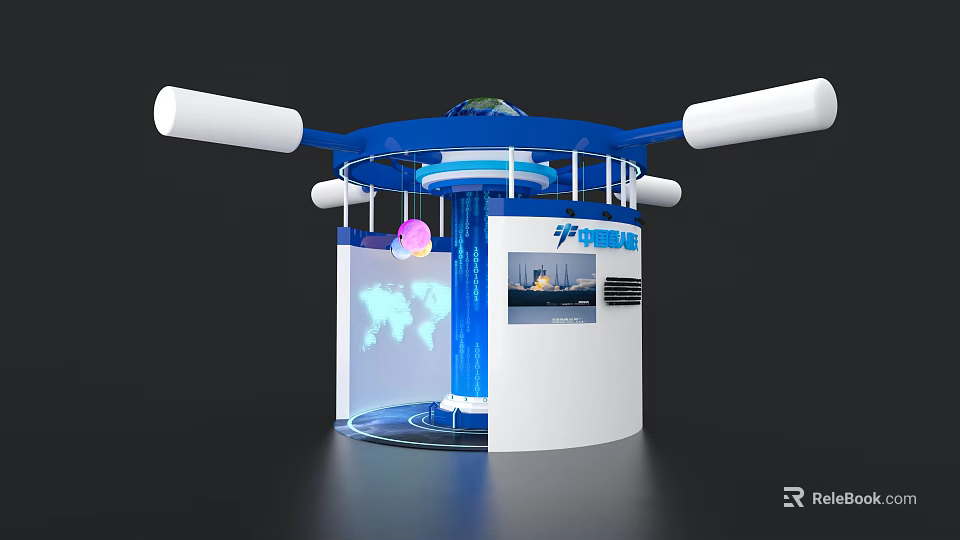 Contemporary Exhibition Island With Blue White Design Globe Screen And POWER Logo 3d model 