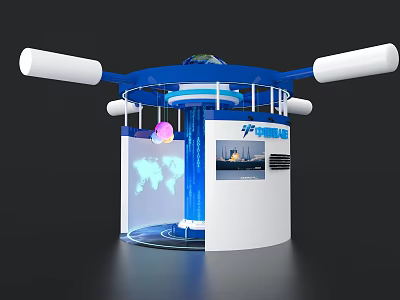 Contemporary Exhibition Island With Blue White Design Globe Screen And POWER Logo 3d model