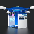 Contemporary Exhibition Island With Blue White Design Globe Screen And POWER Logo